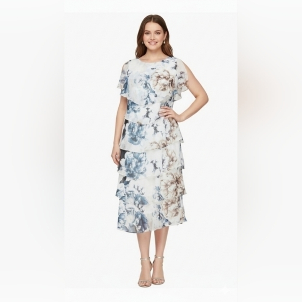 SLNY Floral Short Sleeve Tiered Chiffon Cocktail Dress Size 8 NWT - Picture 1 of 5